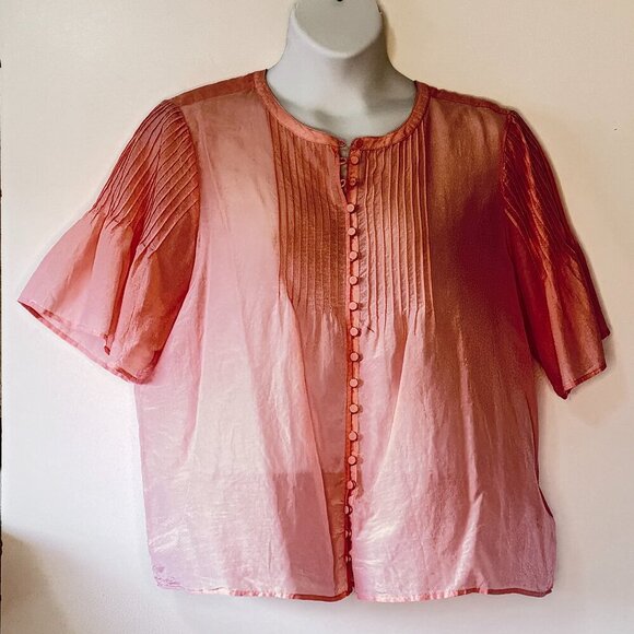 J. Crew Pink Silk Blend Top Button Up with Covered Buttons Pintuck Detail  2X - Picture 1 of 6